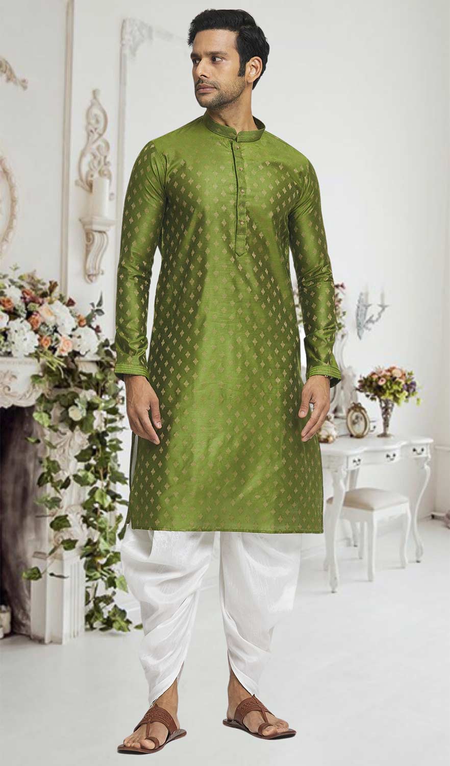 Olive Off White Woven Kurta Pajama Set