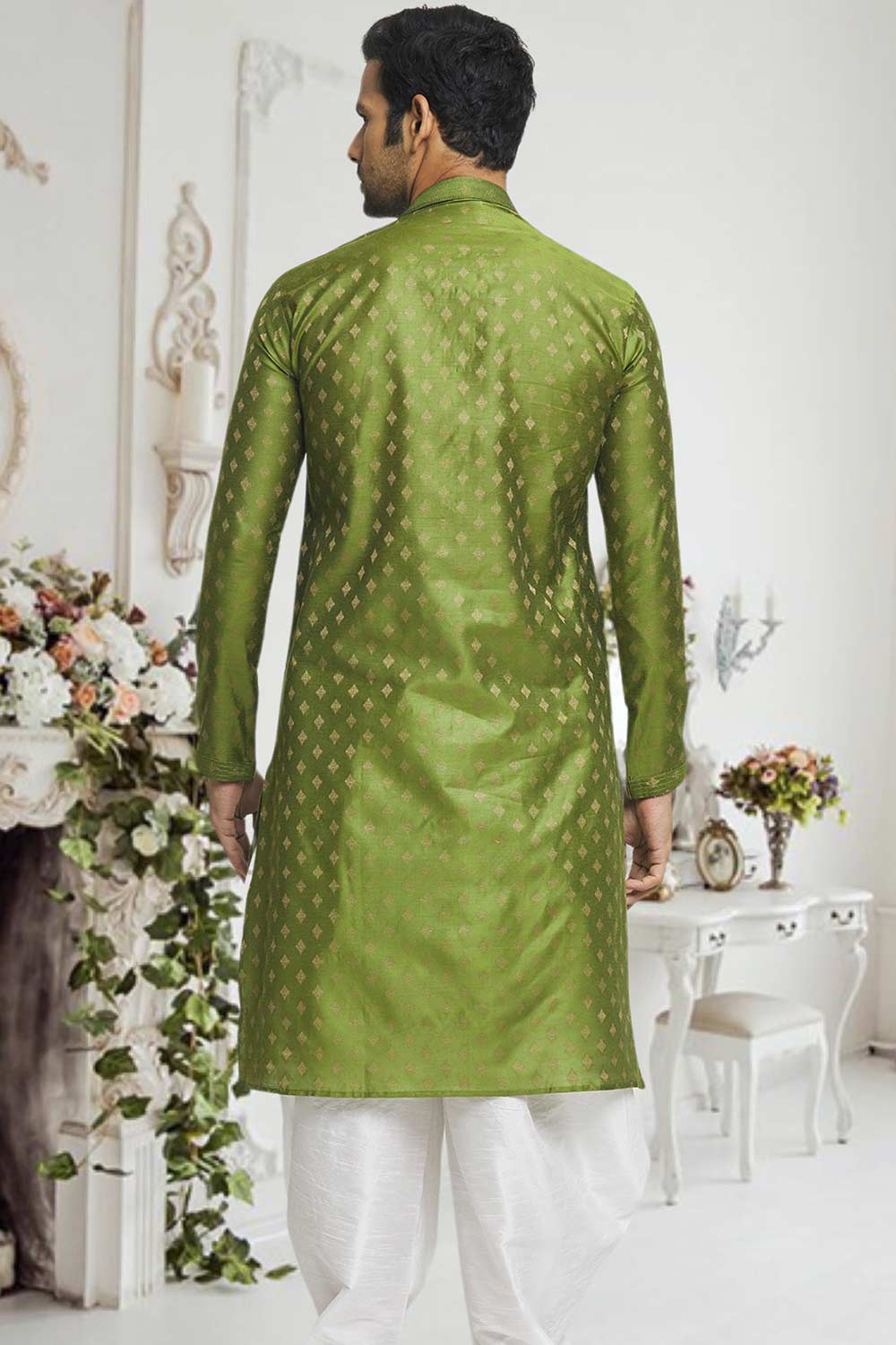 Olive Off White Woven Kurta Pajama Set