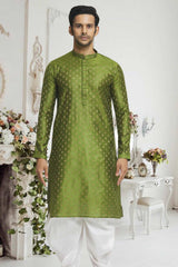 Olive Off White Woven Kurta Pajama Set