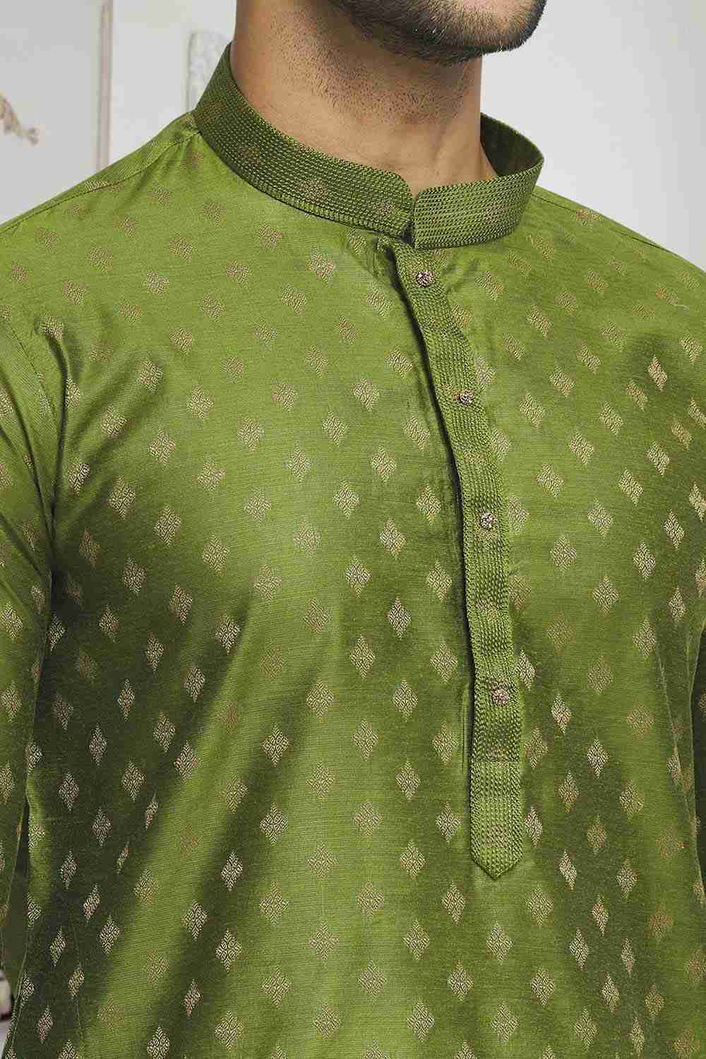 Olive Off White Woven Kurta Pajama Set