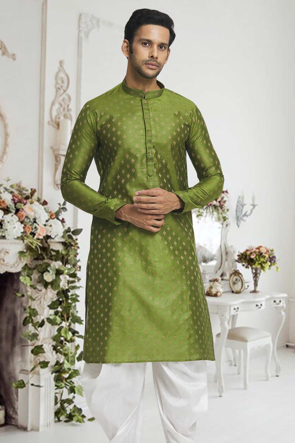 Olive Off White Woven Kurta Pajama Set