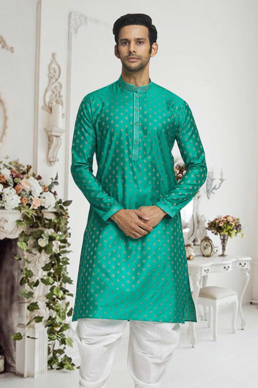 Teal Off White Woven Kurta Pajama Set