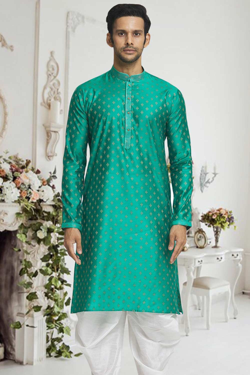 Teal Off White Woven Kurta Pajama Set