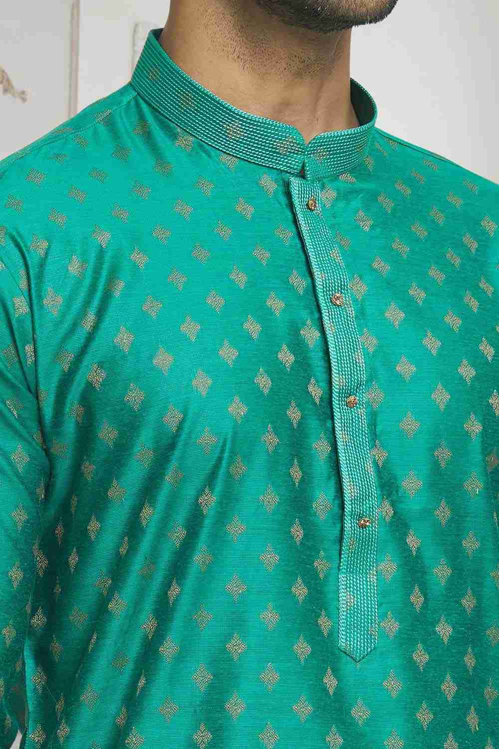 Teal Off White Woven Kurta Pajama Set