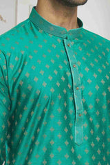 Teal Off White Woven Kurta Pajama Set