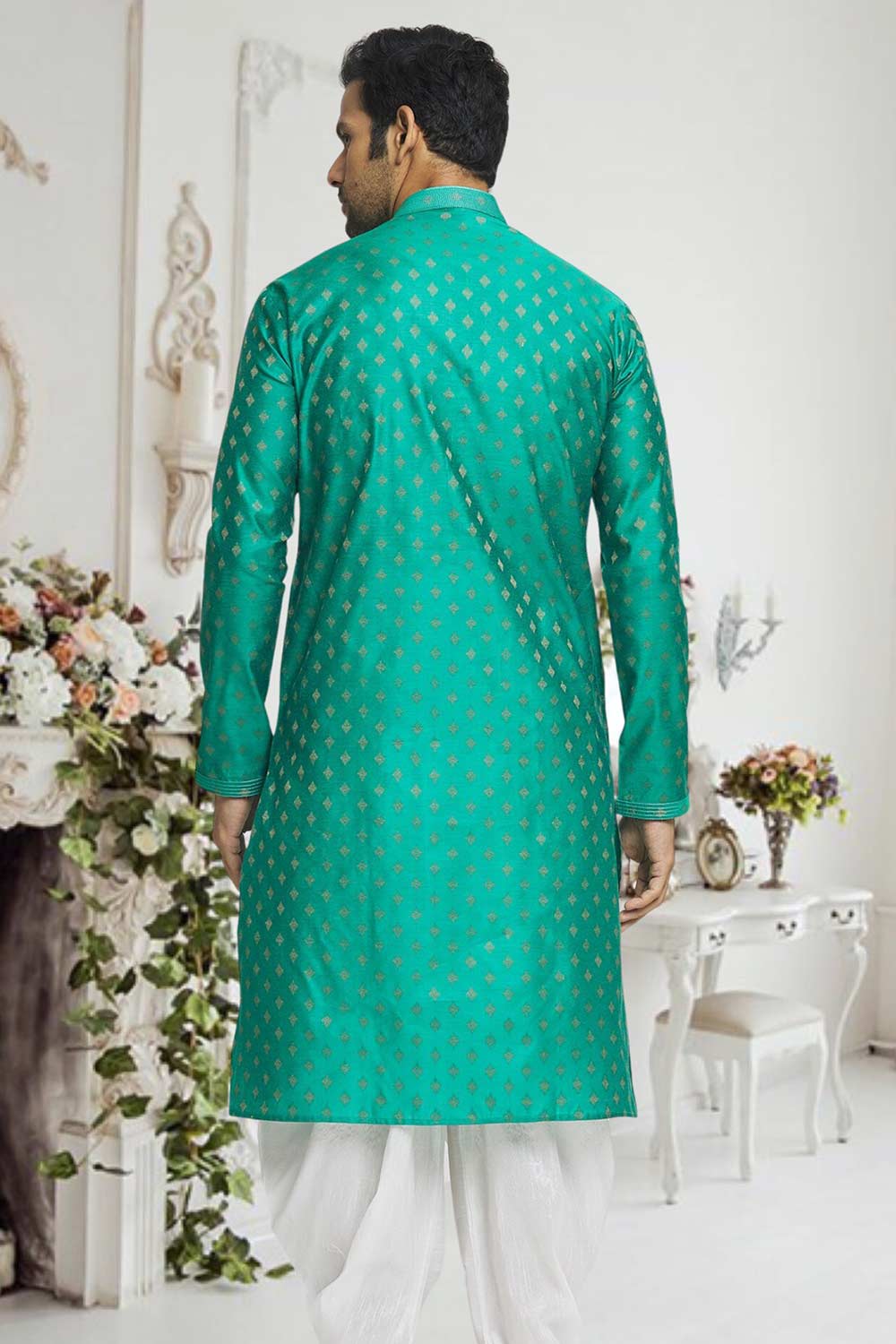 Teal Off White Woven Kurta Pajama Set