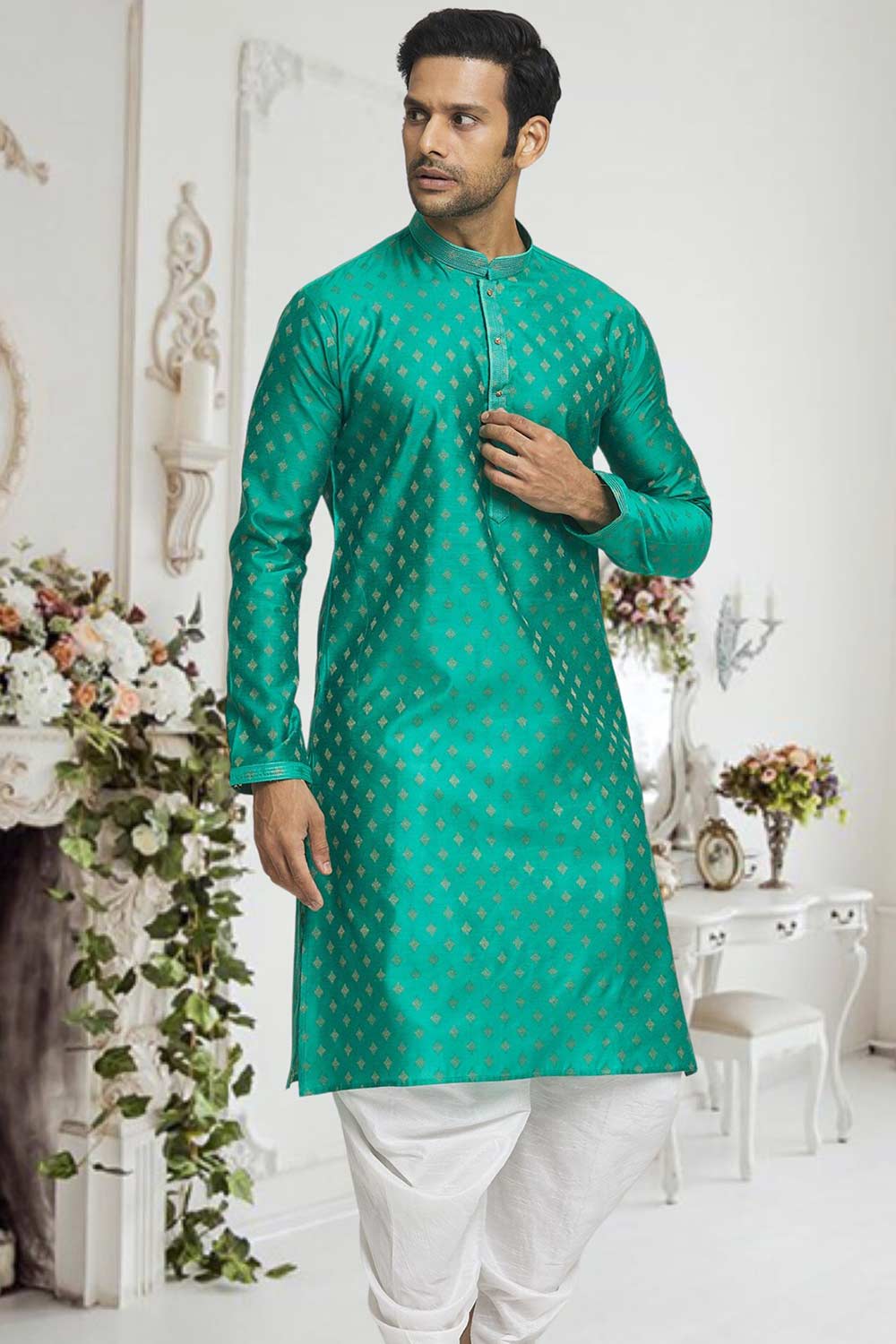 Teal Off White Woven Kurta Pajama Set