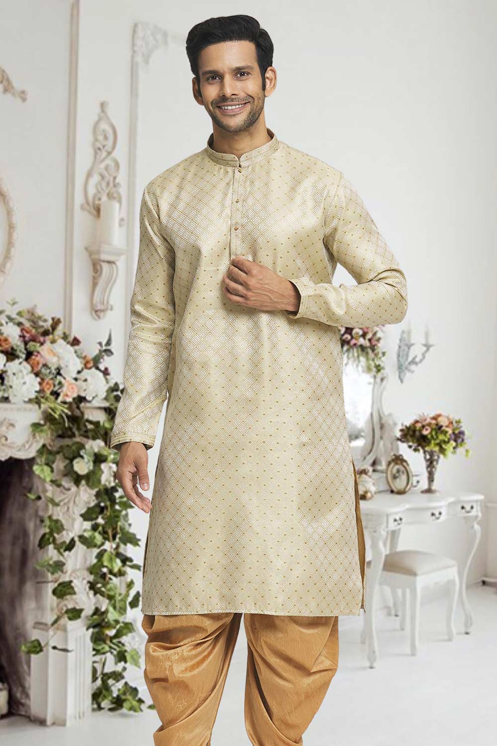 Light Brown Gold Woven Kurta Pajama Set