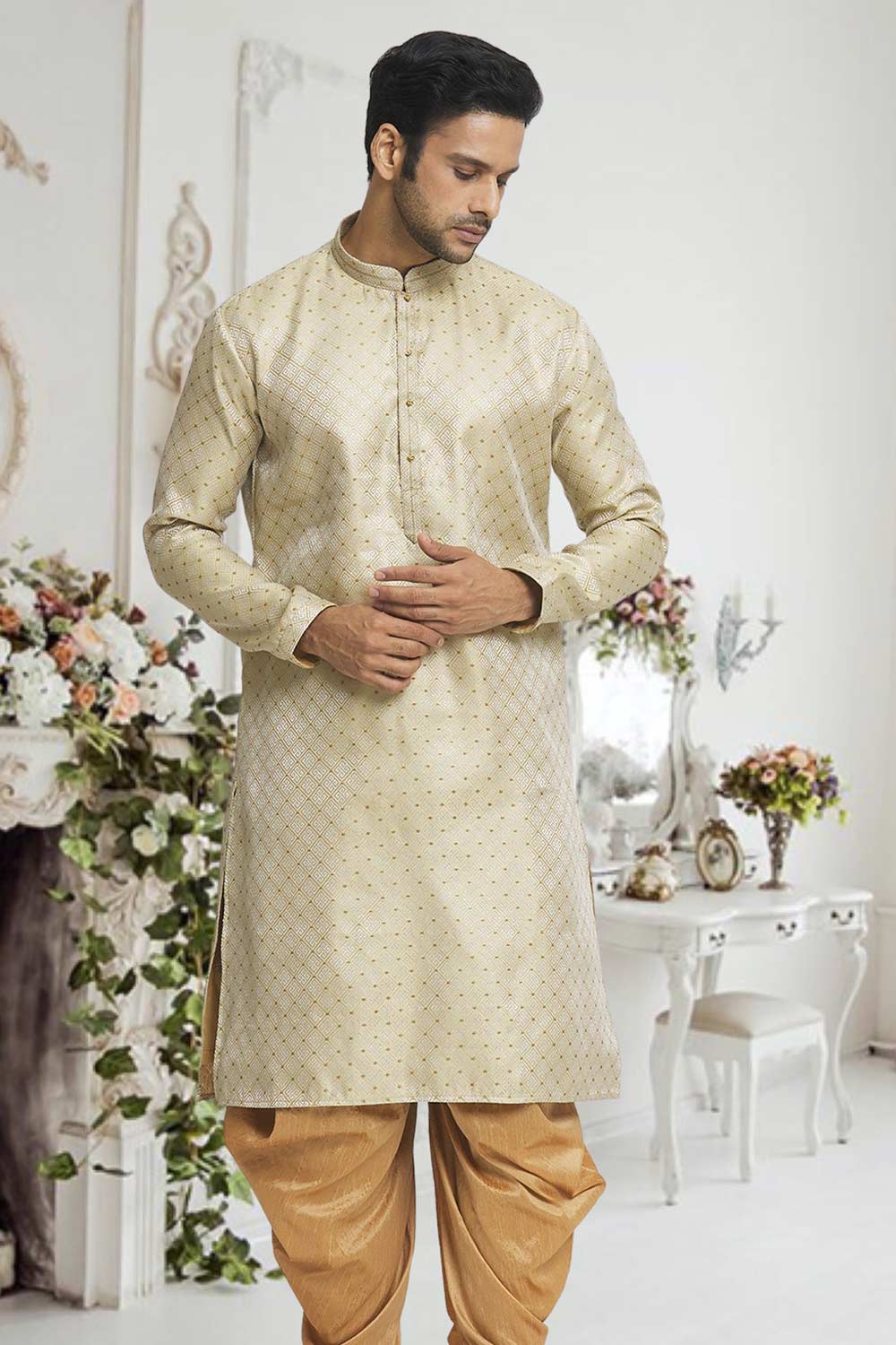 Light Brown Gold Woven Kurta Pajama Set