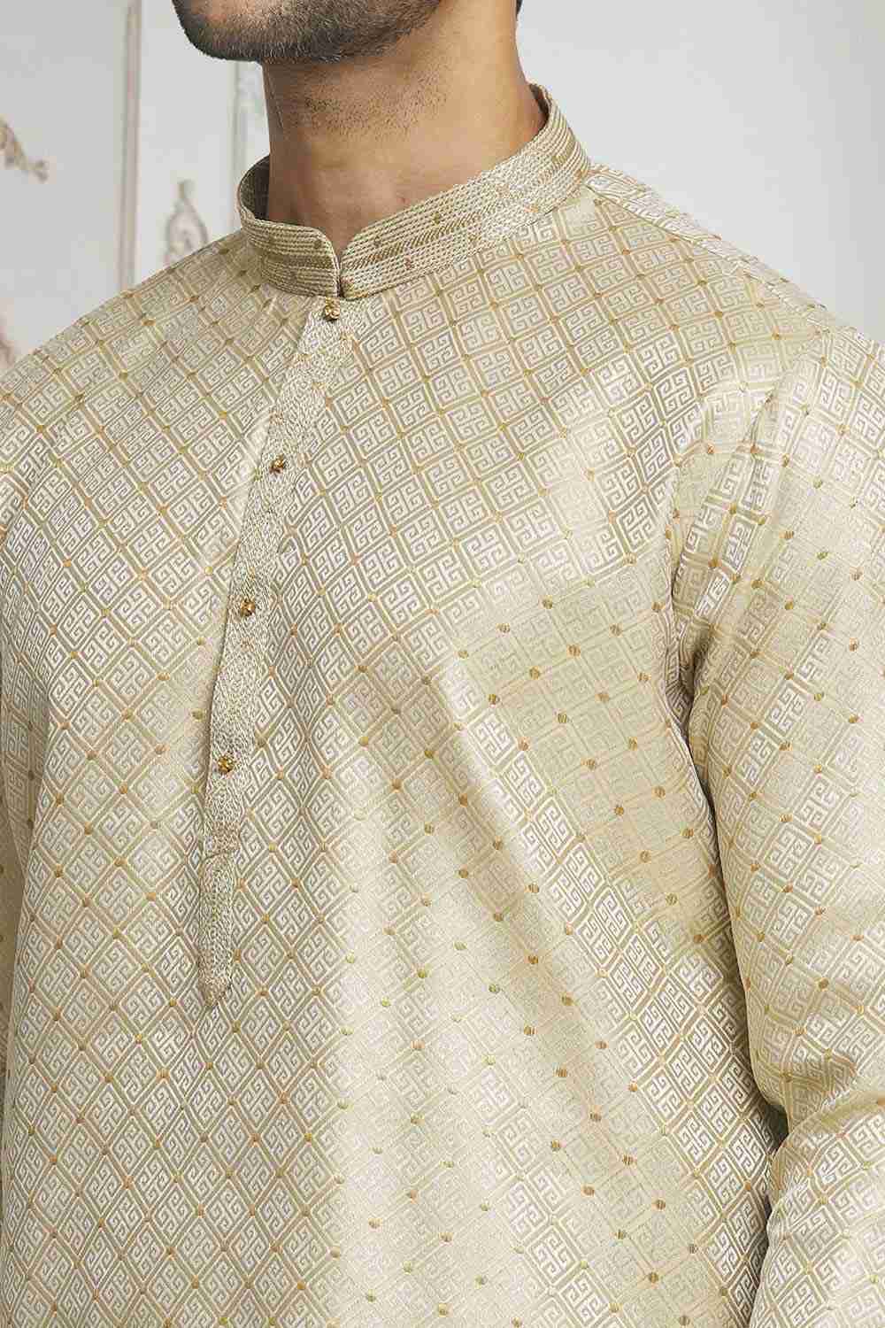 Light Brown Gold Woven Kurta Pajama Set