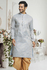 Light Grey Gold Woven Kurta Pajama Set