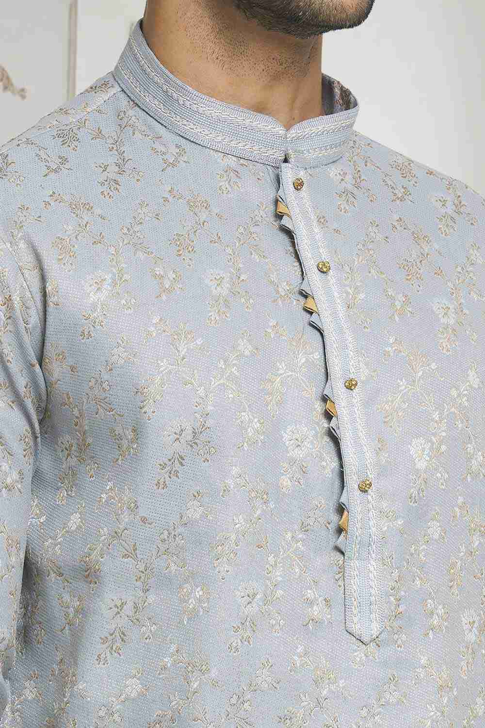 Light Grey Gold Woven Kurta Pajama Set