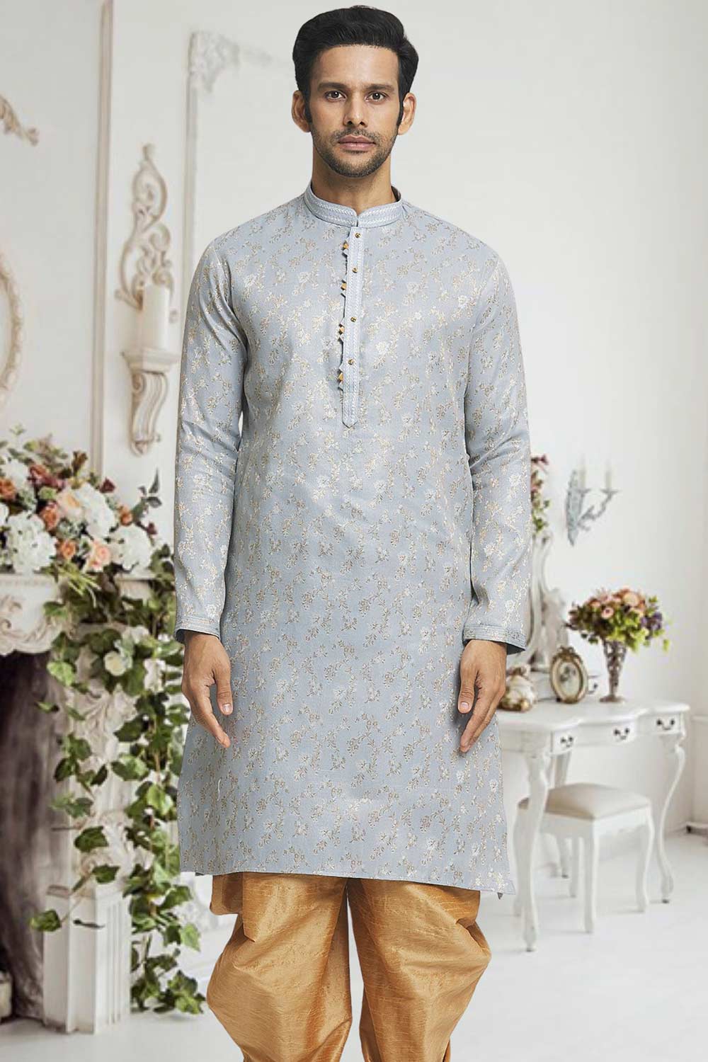 Light Grey Gold Woven Kurta Pajama Set