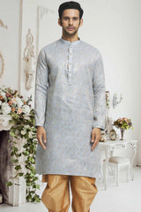 Light Grey Gold Woven Kurta Pajama Set