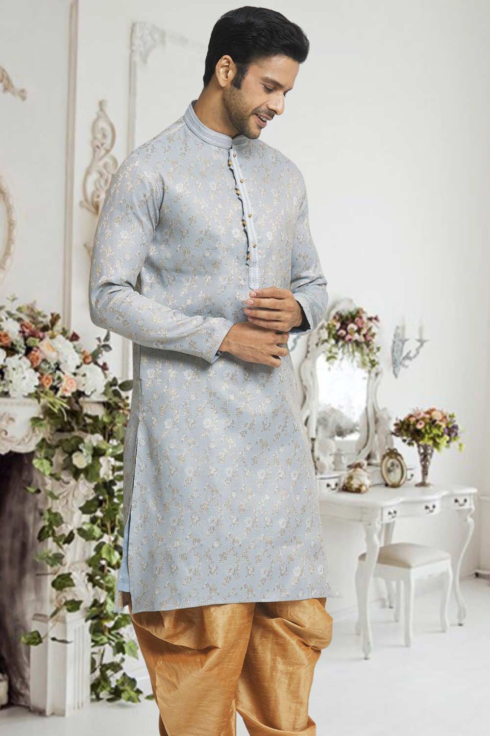 Light Grey Gold Woven Kurta Pajama Set