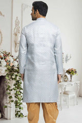 Light Grey Gold Woven Kurta Pajama Set