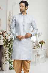 Light Grey Gold Woven Kurta Pajama Set