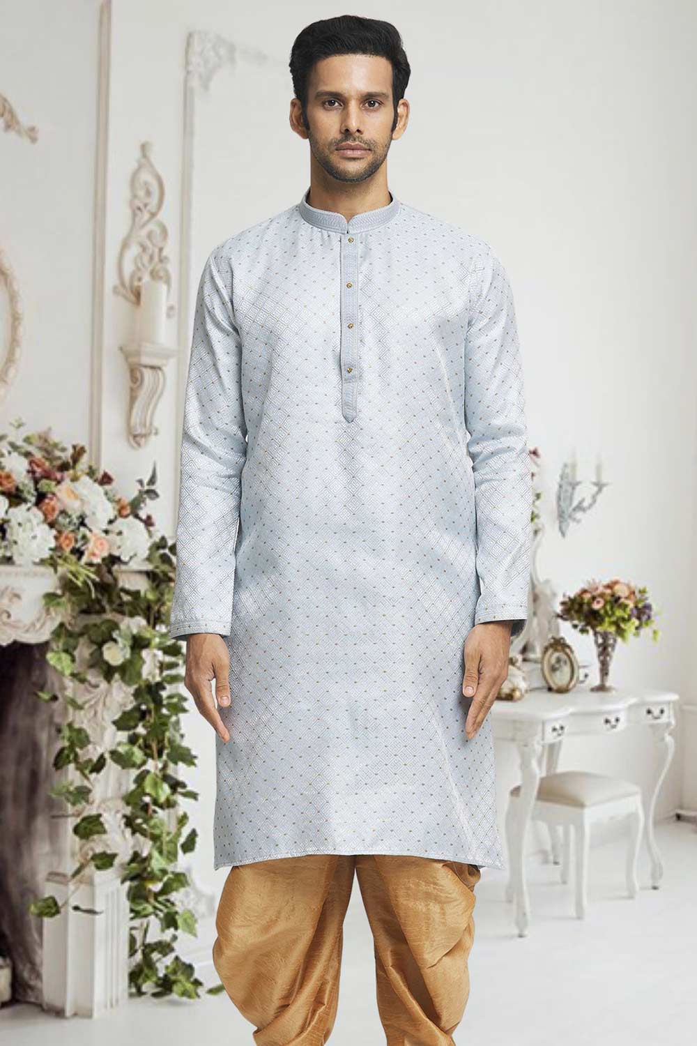 Light Grey Gold Woven Kurta Pajama Set