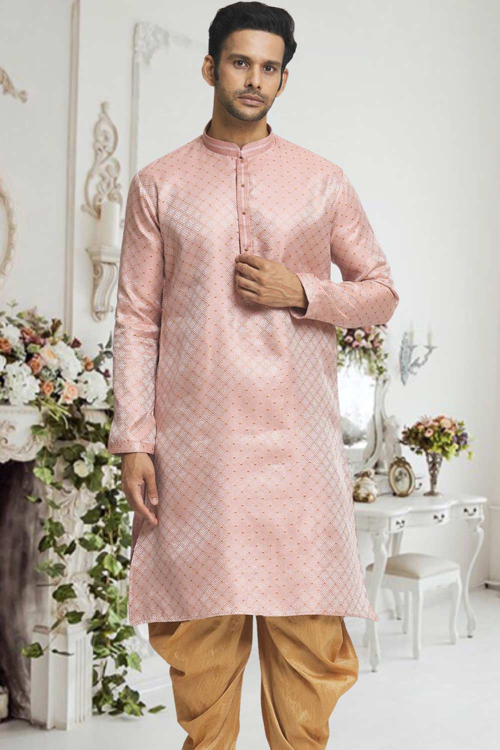 Peach Gold Woven Kurta Pajama Set