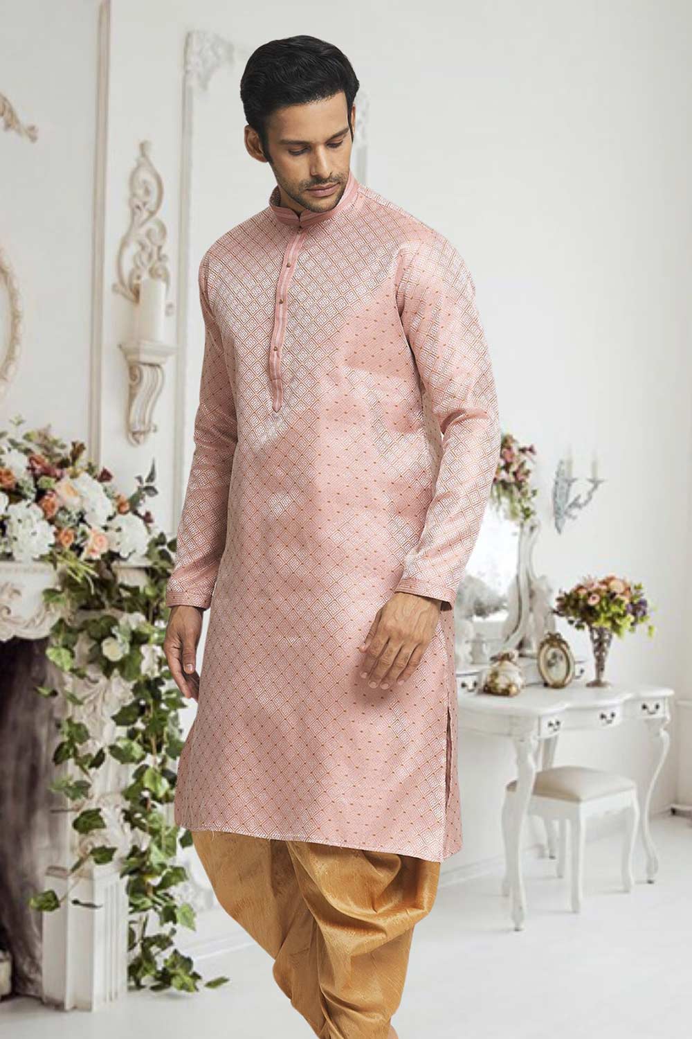 Peach Gold Woven Kurta Pajama Set