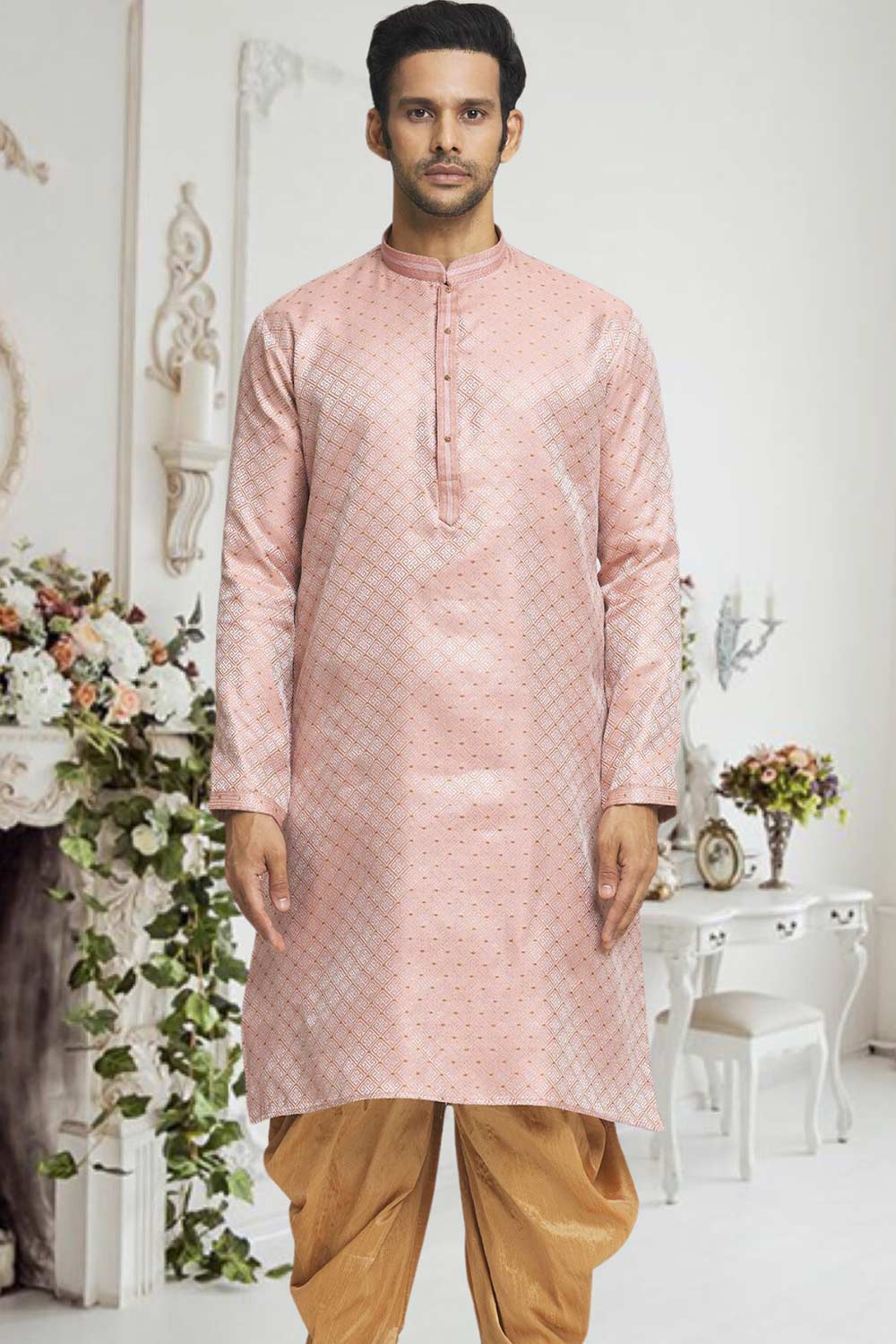 Peach Gold Woven Kurta Pajama Set