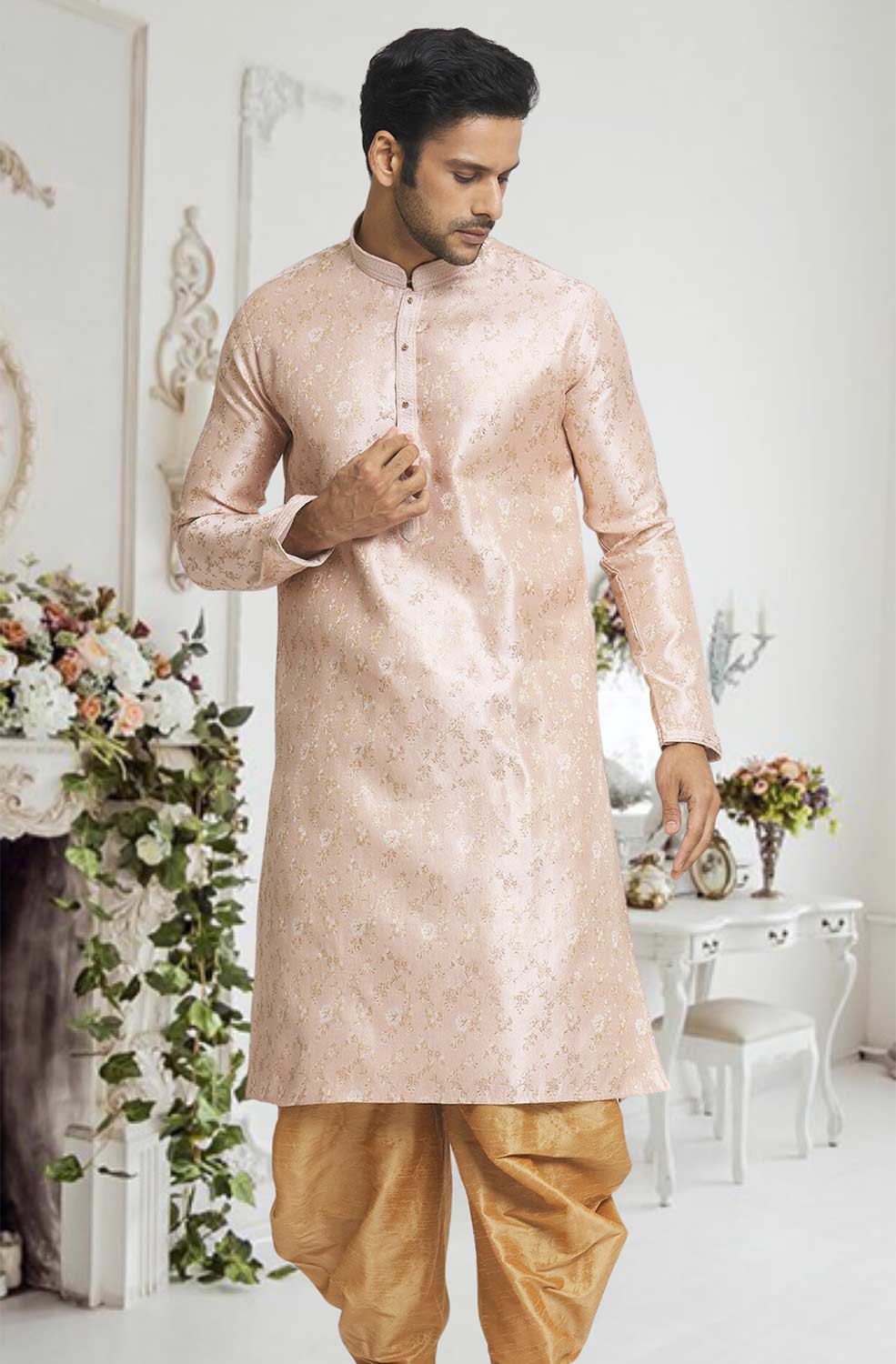 Peach Gold Woven Kurta Pajama Set