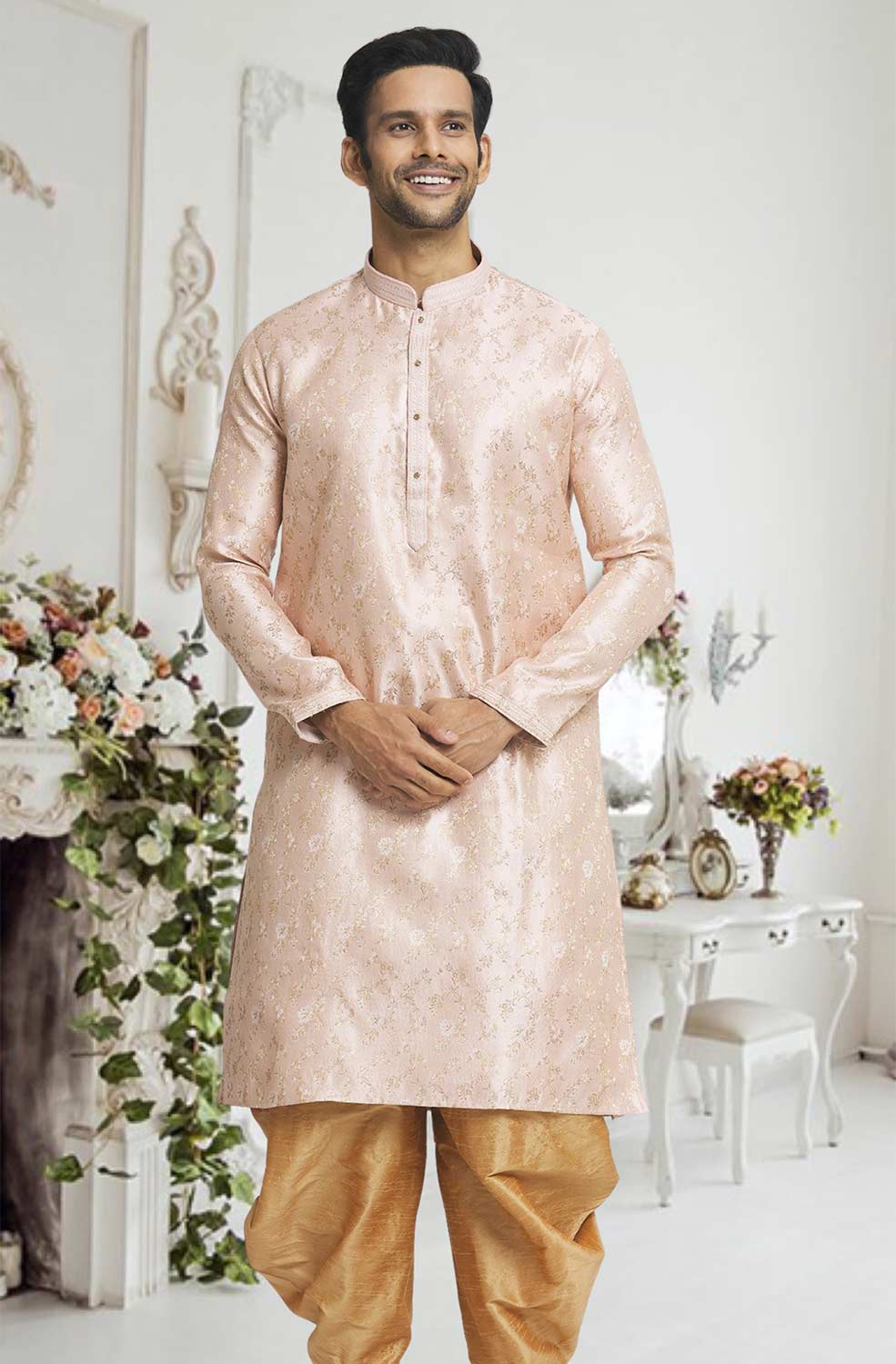 Peach Gold Woven Kurta Pajama Set