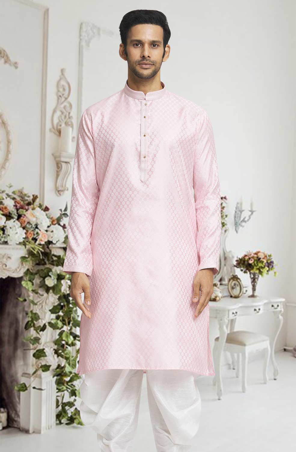 Light Pink Off White Woven Kurta Pajama Set