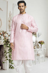 Light Pink Off White Woven Kurta Pajama Set