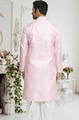 Light Pink Off White Woven Kurta Pajama Set