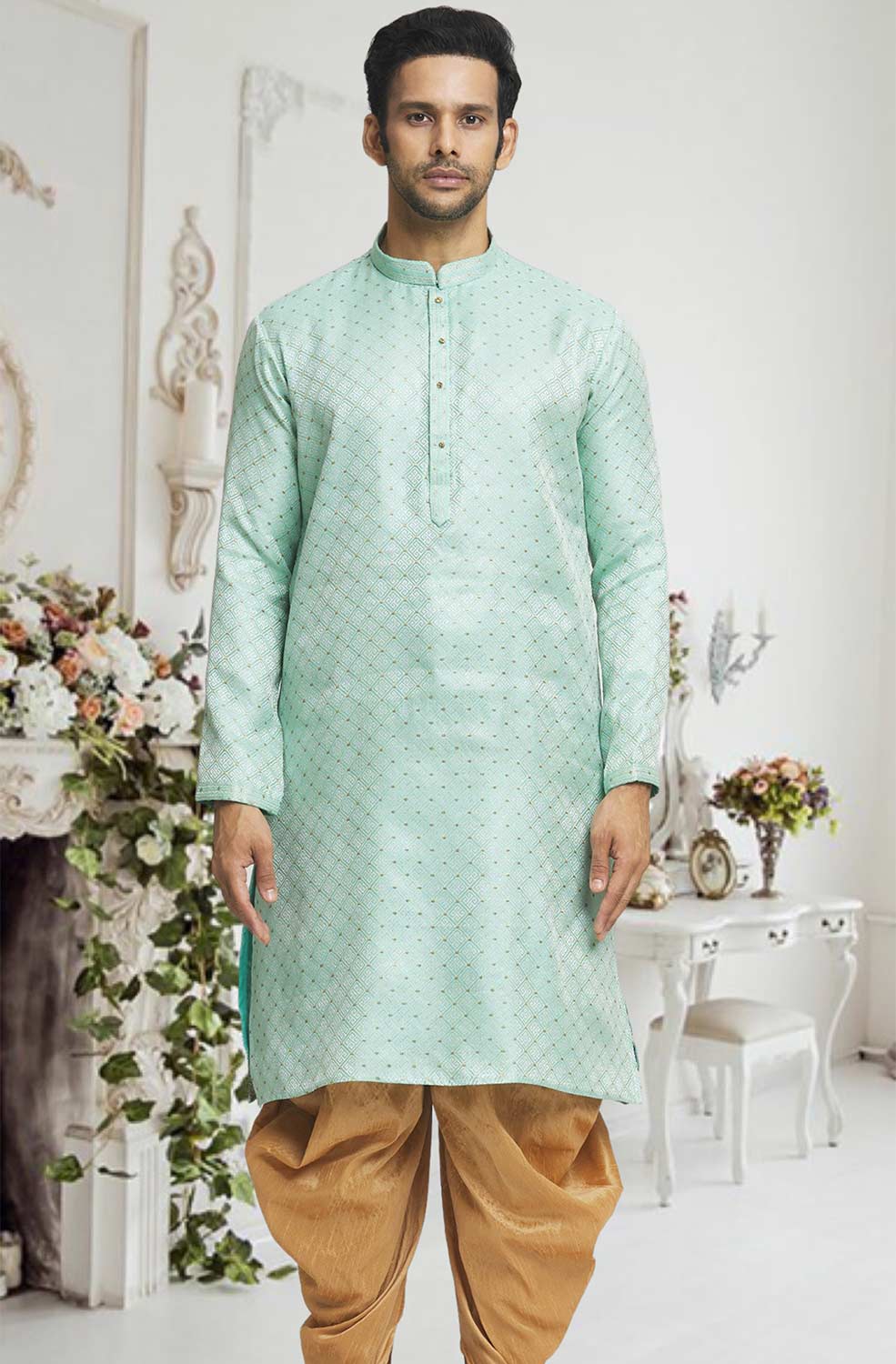 Sea Green Gold Woven Kurta Pajama Set