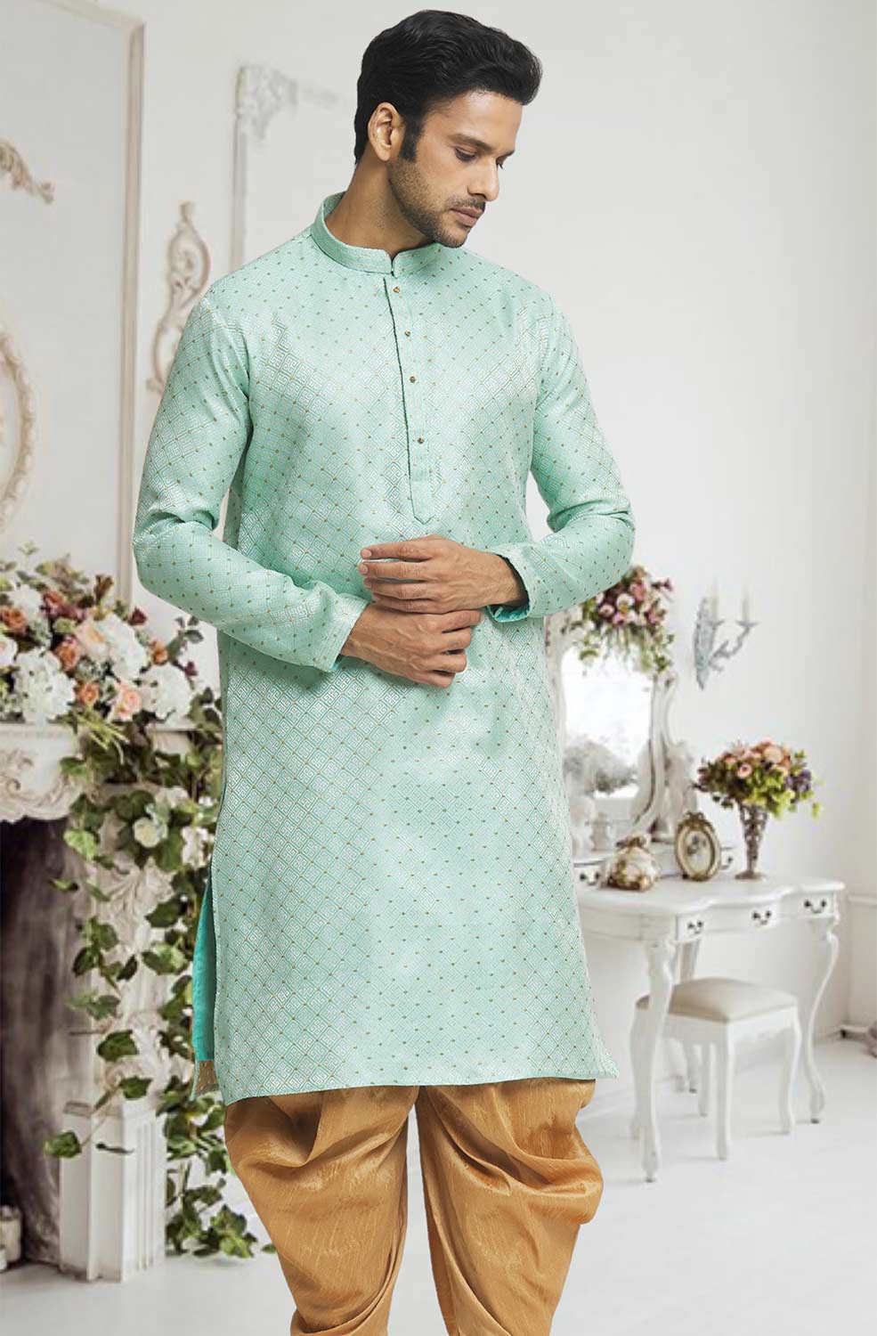 Sea Green Gold Woven Kurta Pajama Set