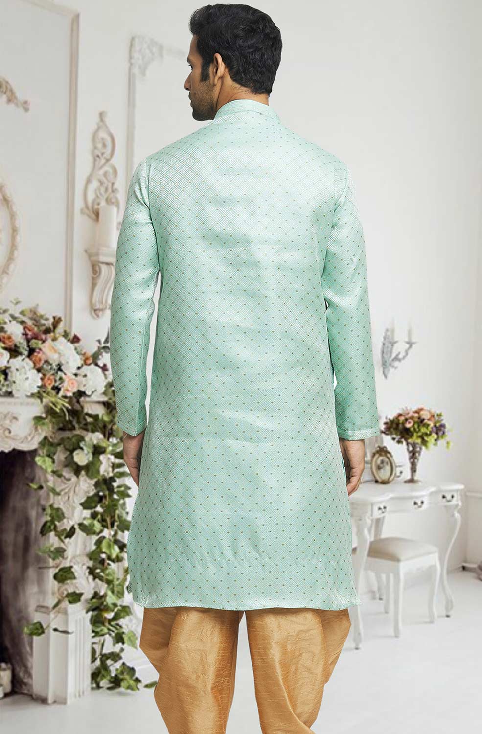 Sea Green Gold Woven Kurta Pajama Set