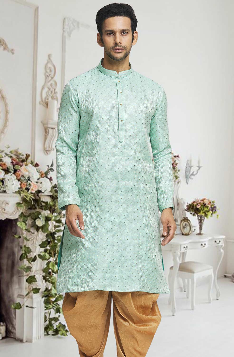 Sea Green Gold Woven Kurta Pajama Set