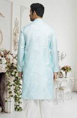 Sky Blue Off White Woven Kurta Pajama Set