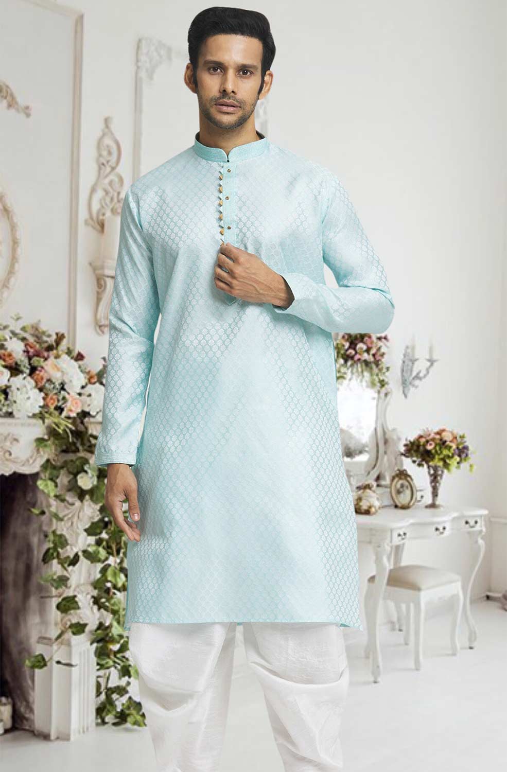 Sky Blue Off White Woven Kurta Pajama Set