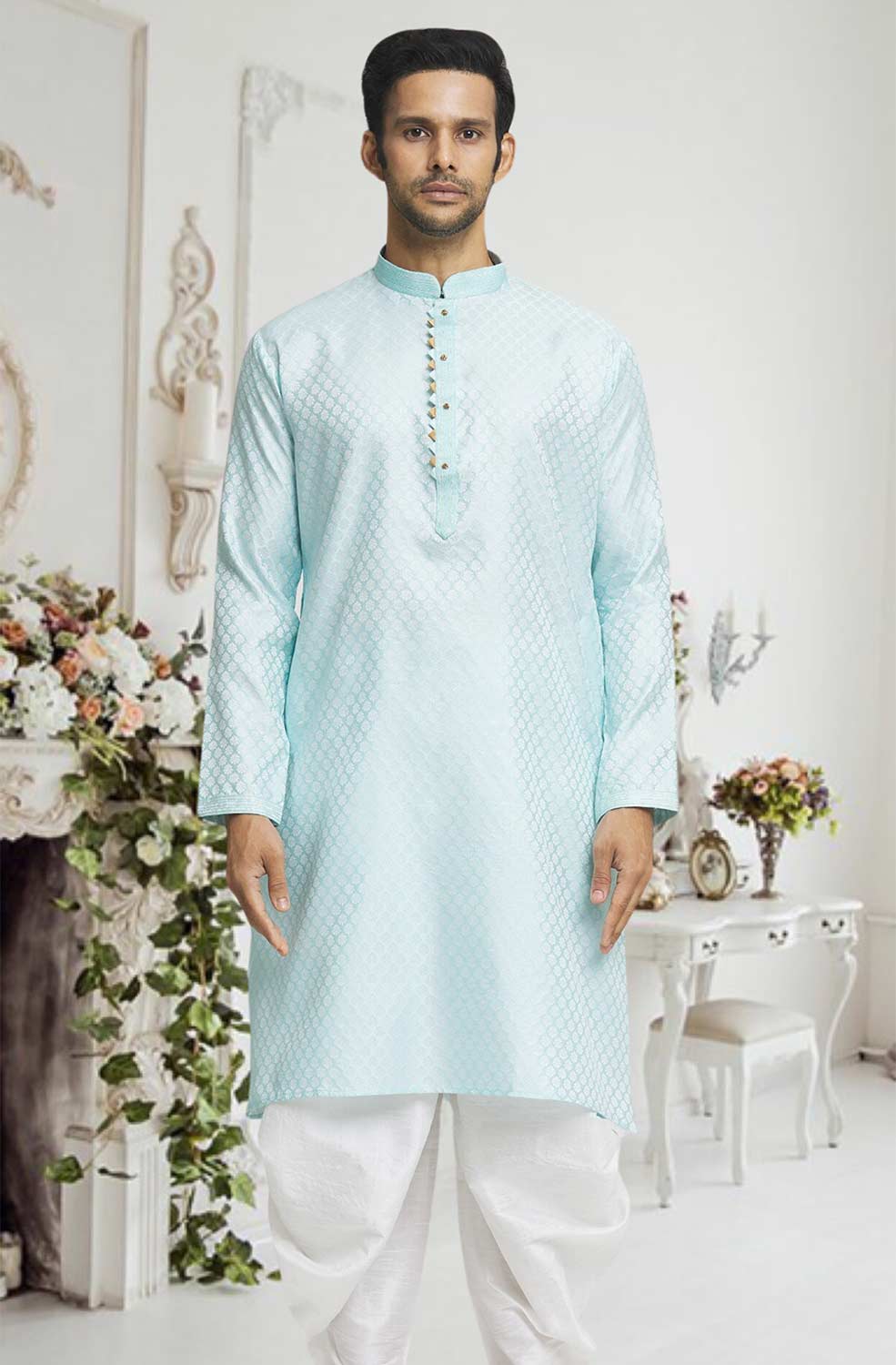 Sky Blue Off White Woven Kurta Pajama Set