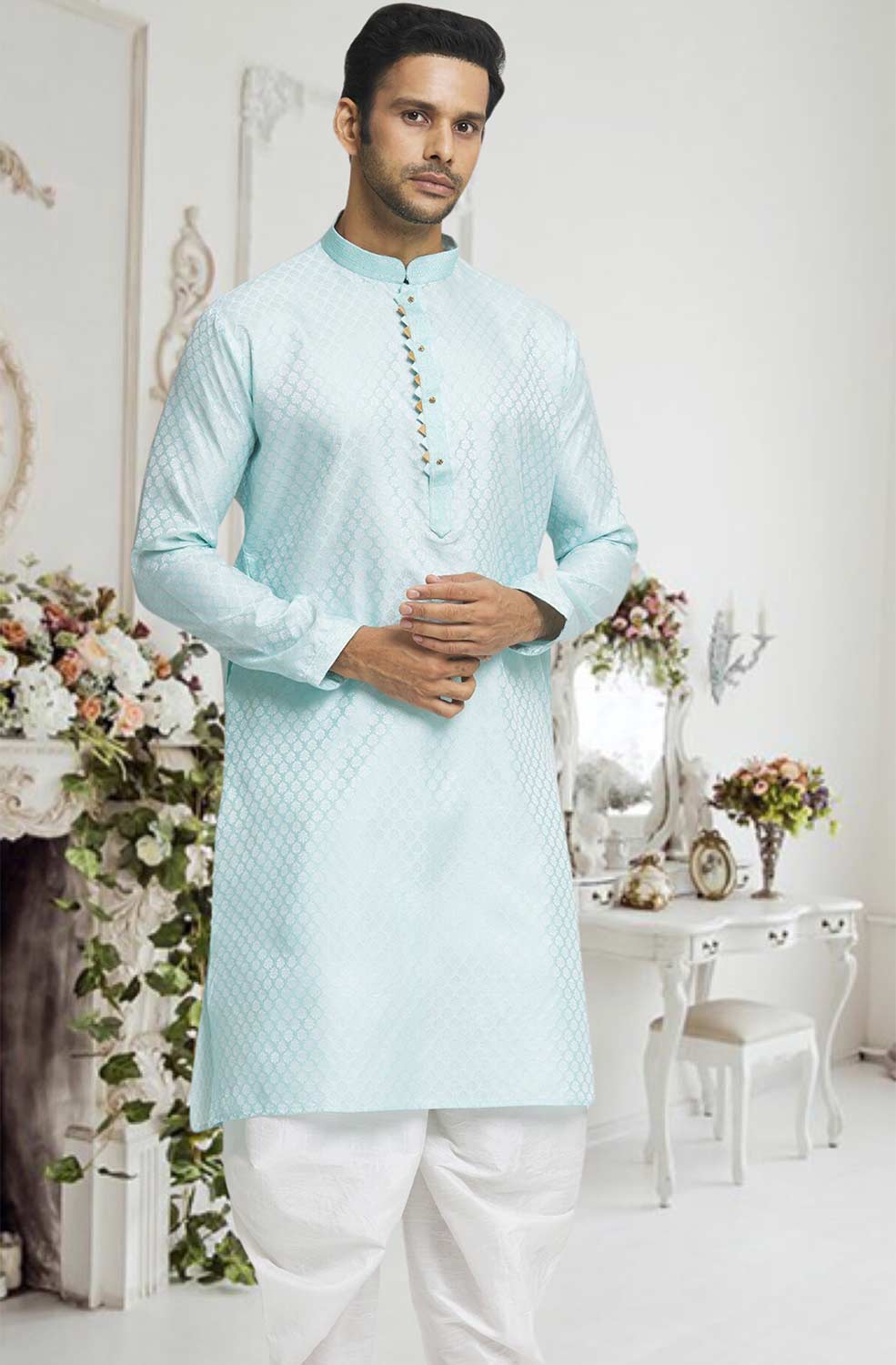 Sky Blue Off White Woven Kurta Pajama Set