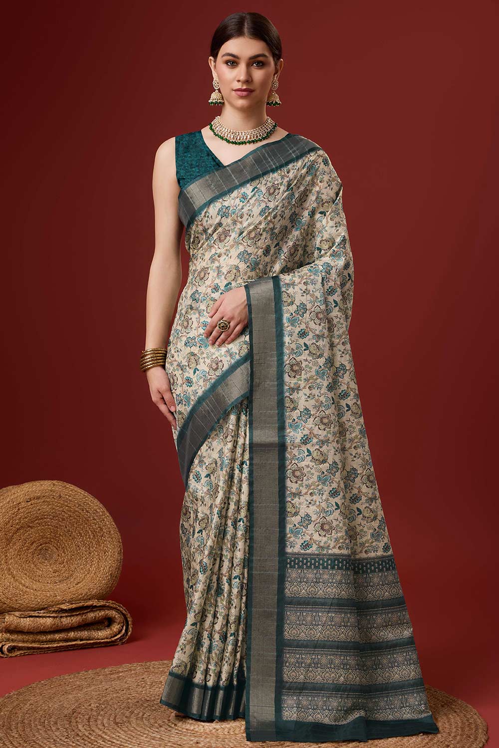 Beige Cotton Woven Saree