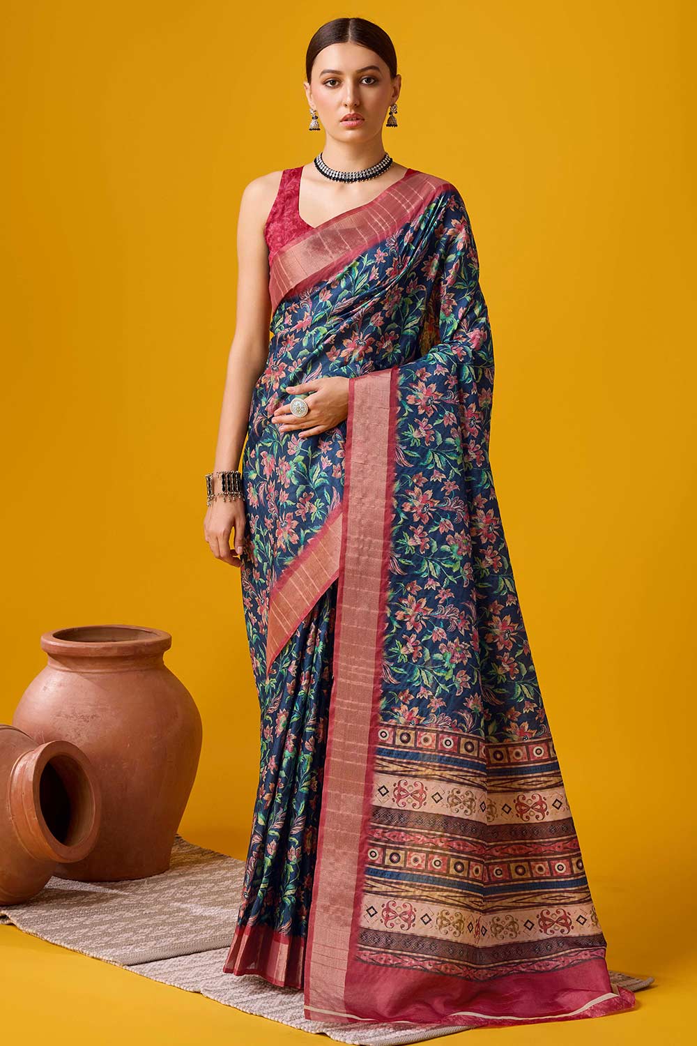 Navy Blue Cotton Woven Saree