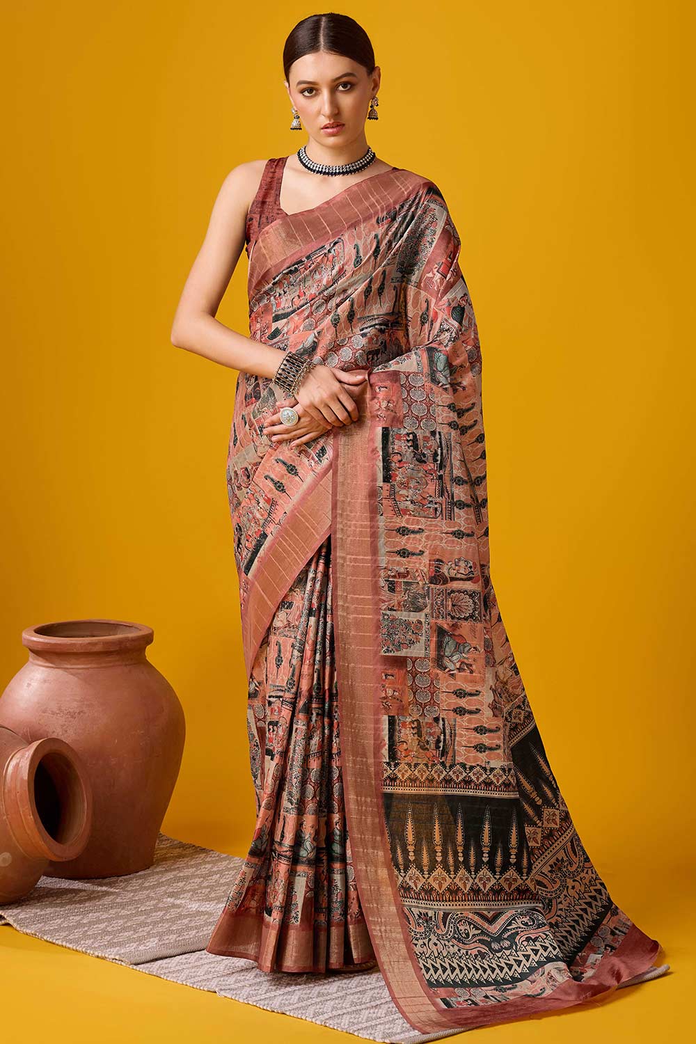 Brown Cotton Woven Saree