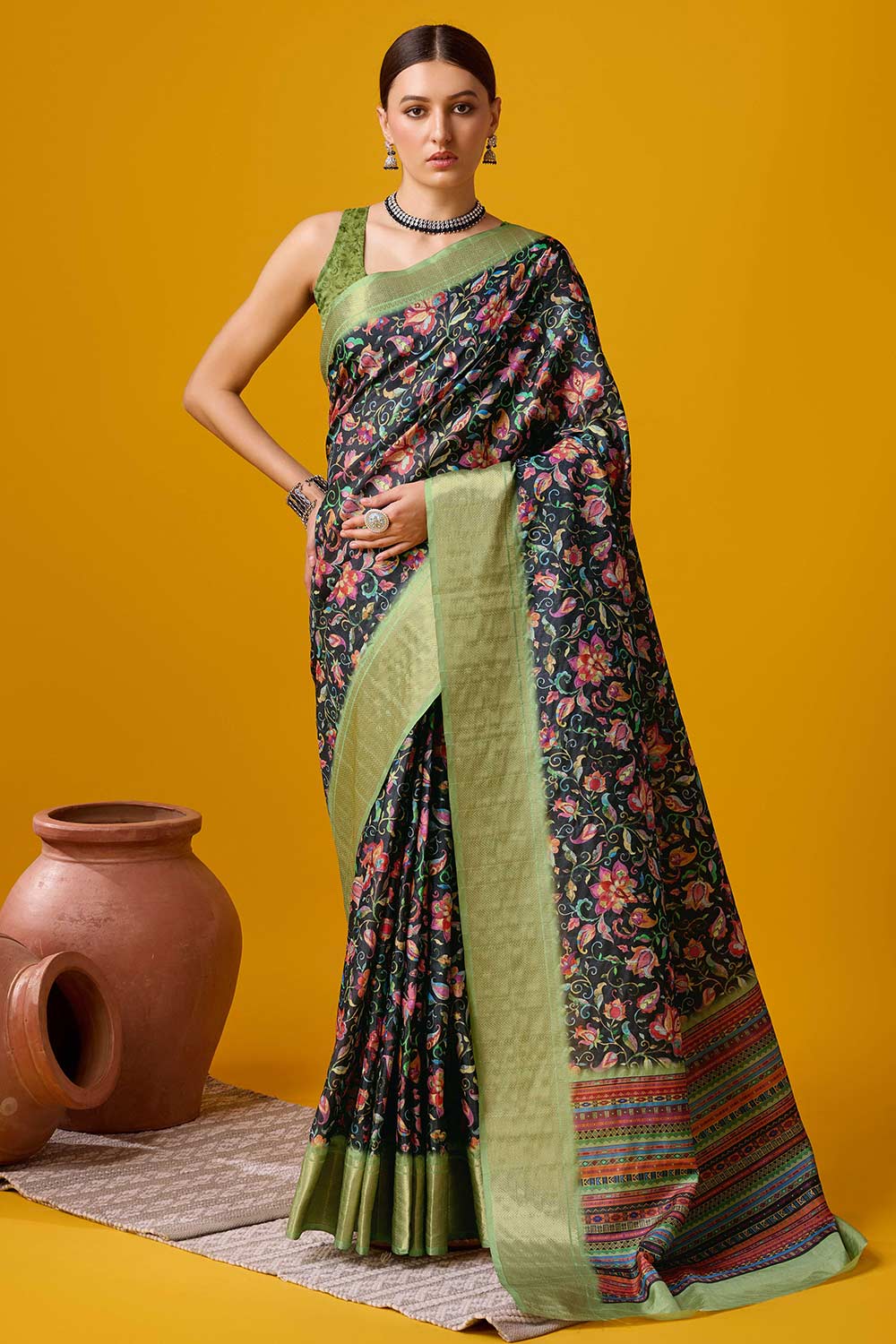 Black Cotton Woven Saree