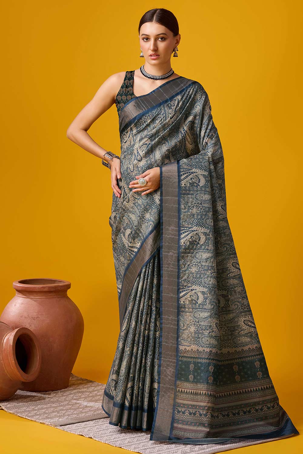 Navy Blue Cotton Woven Saree