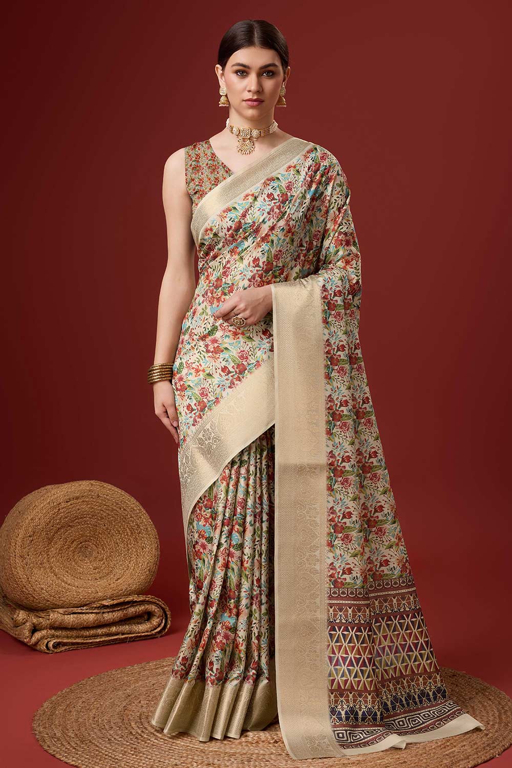 Cream Cotton Woven Saree