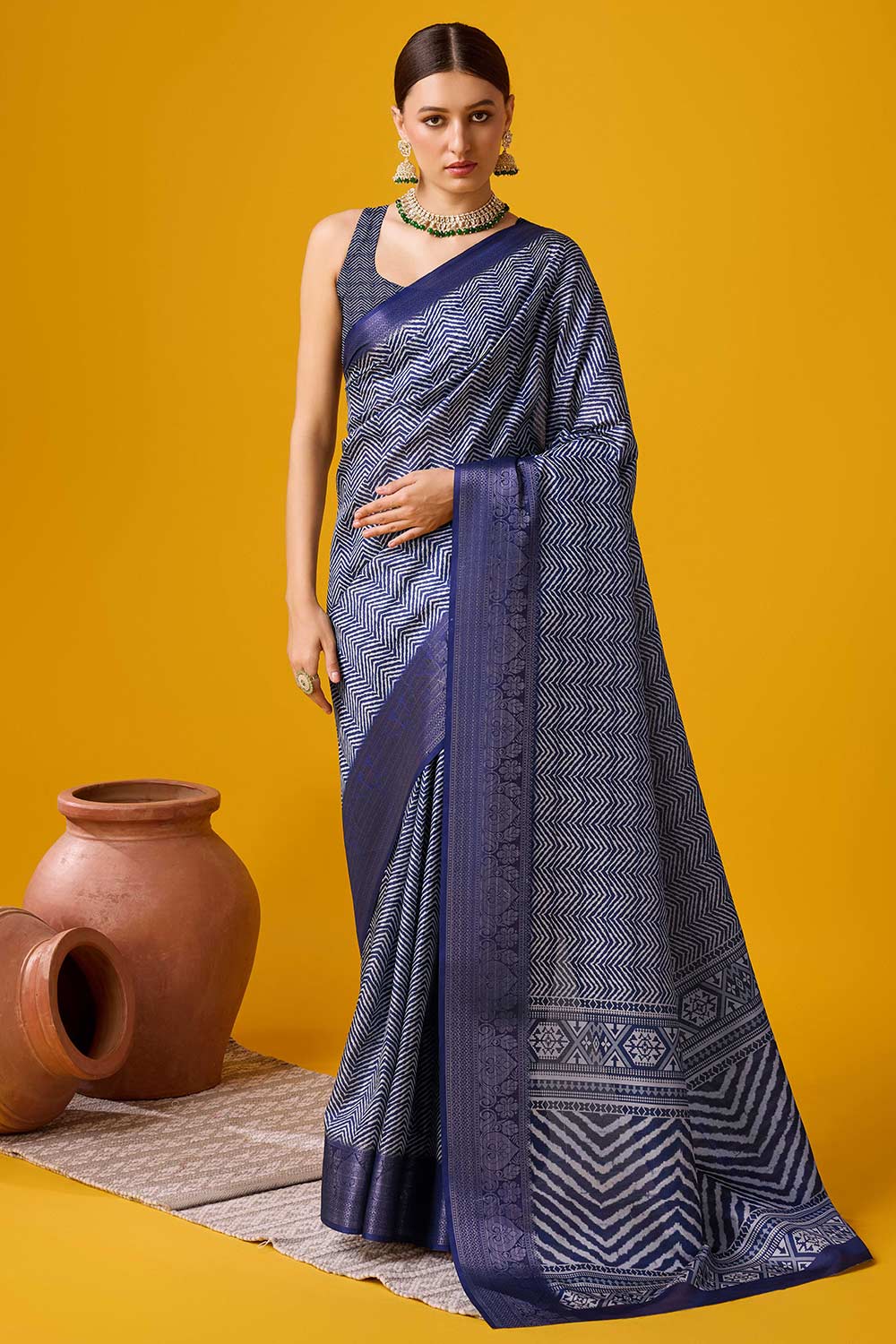 Navy Blue Cotton Woven Saree