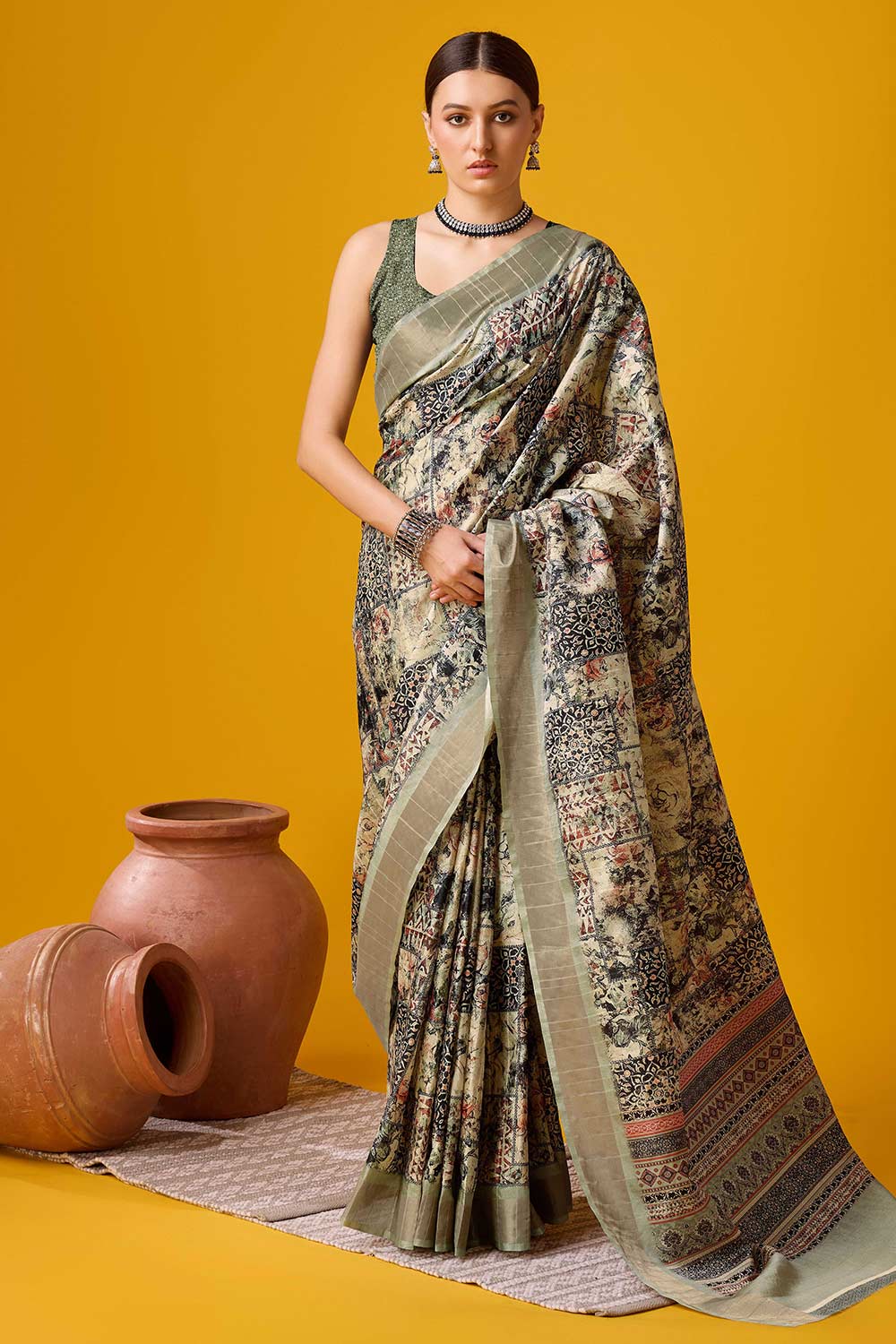 Beige Cotton Woven Saree