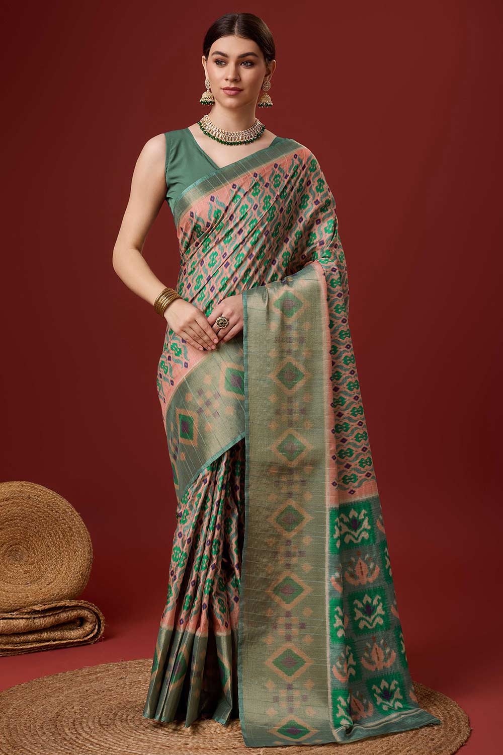 Teal Cotton Woven Saree