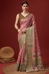 Pink Cotton Woven Saree