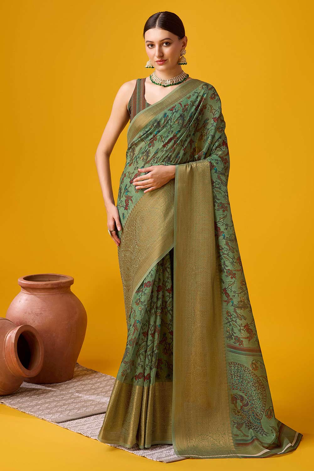 Green Cotton Woven Saree