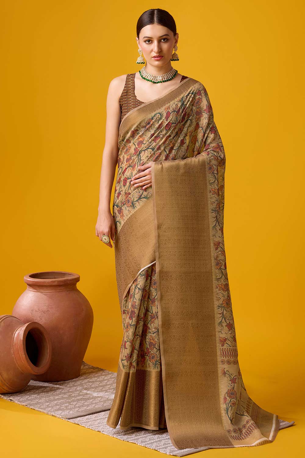 Brown Cotton Woven Saree